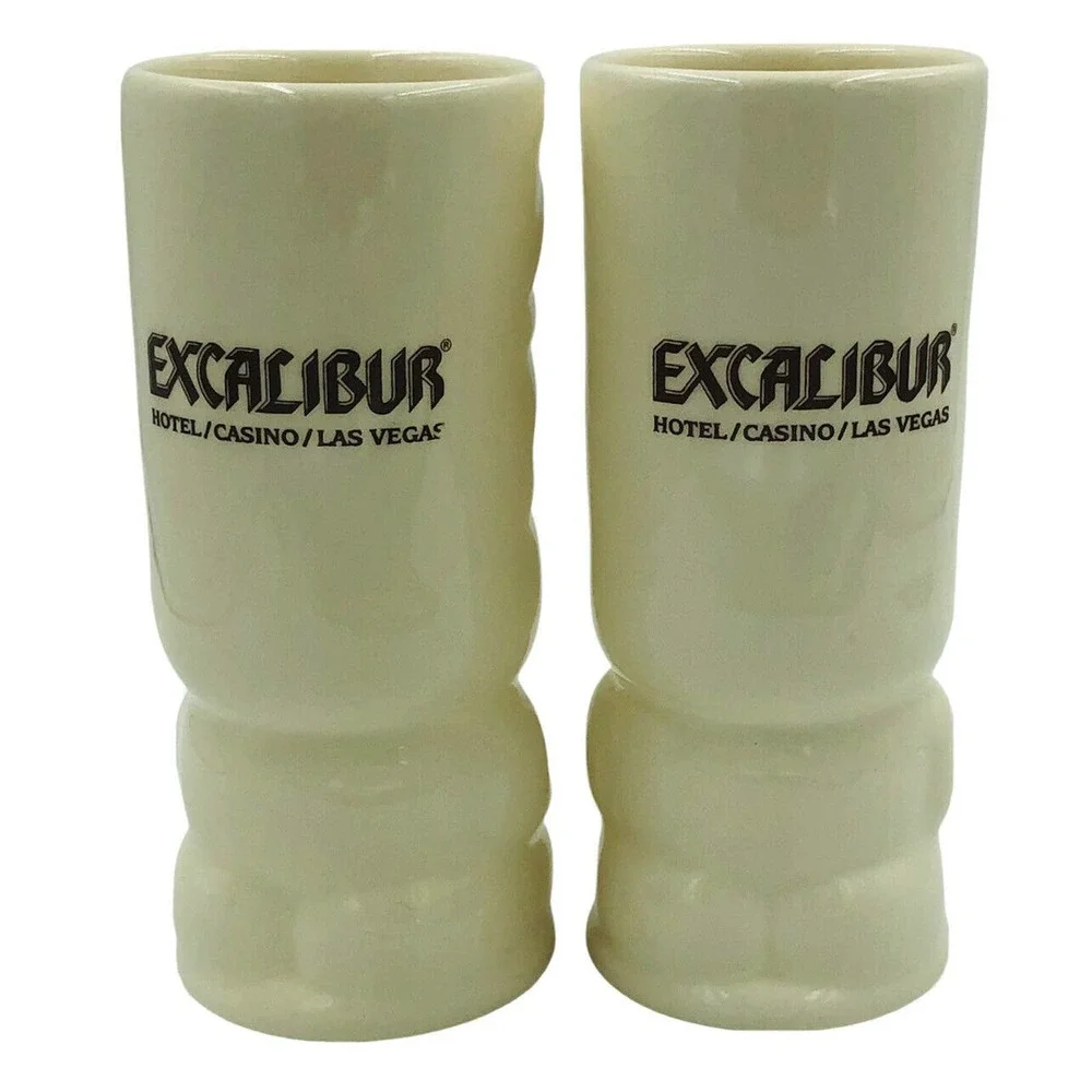 Vintage Modern China USA Ceramic Glazed Ivory TIKI Mug Souvenir Excalibu…